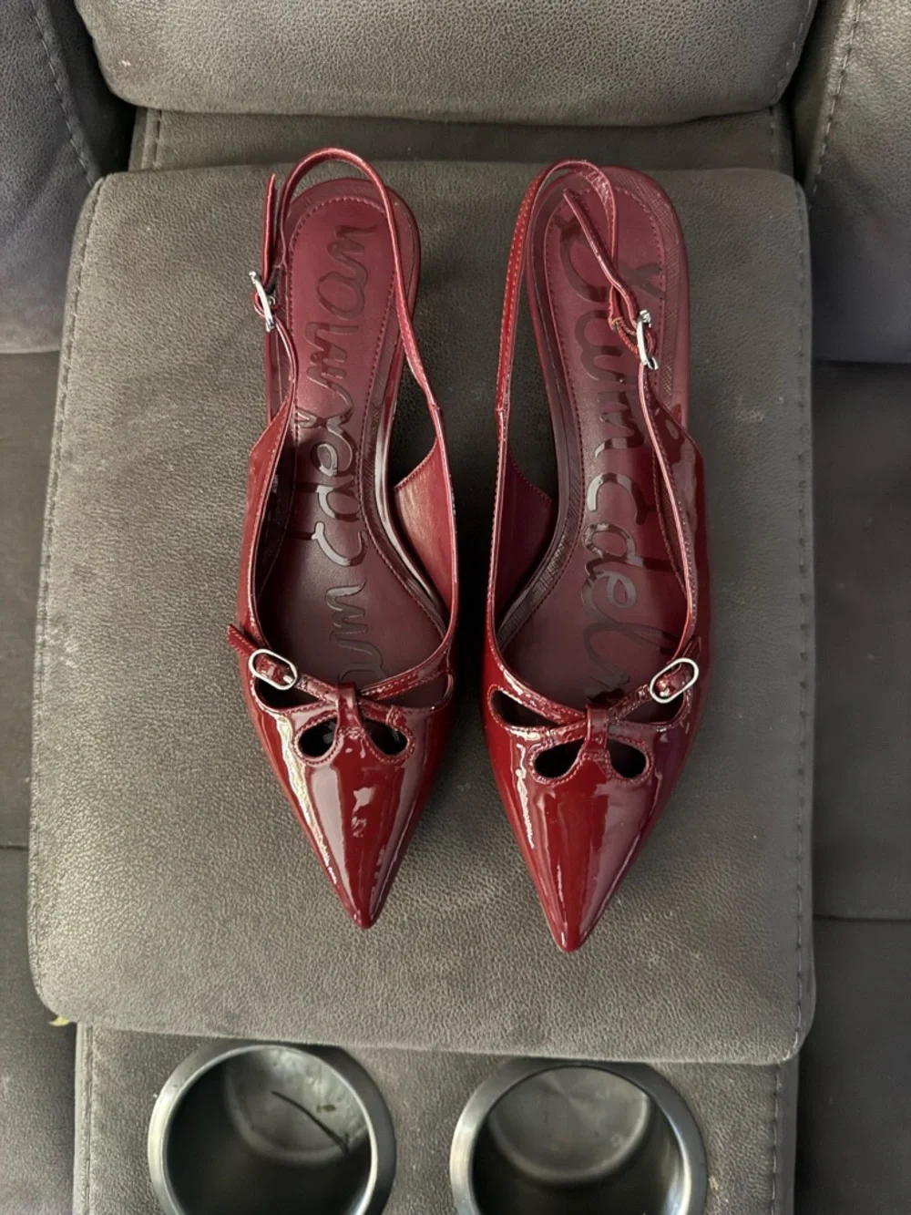 Sam Edelman Burgundy Patent Slingback Kitten Heel Pointed Toe Heels - Picture 2 of 7